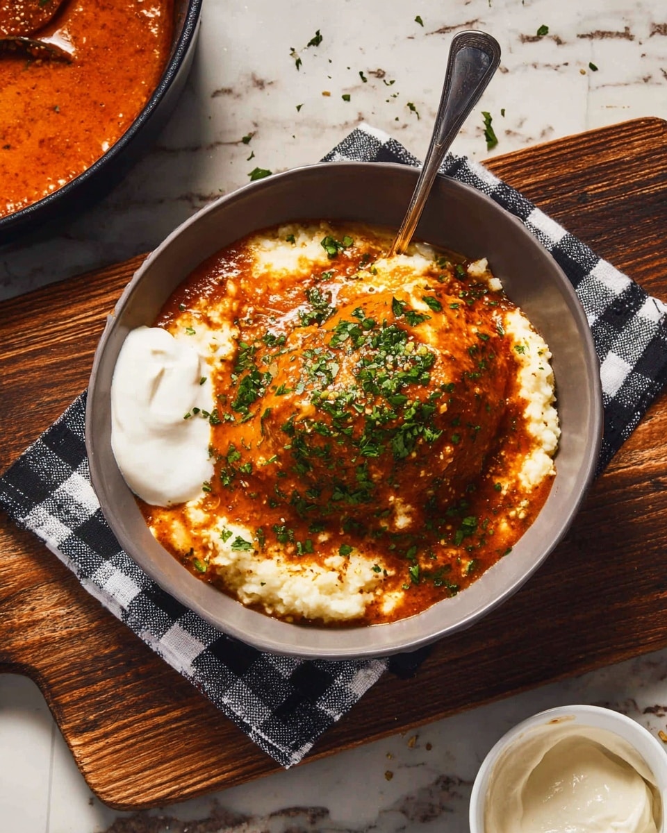 A grey bowl contains a dish with three layers: the bottom layer is a rough, creamy white base that looks like mashed potatoes or dumplings, the middle layer is covered with a reddish-orange sauce that is thick and smooth, and the top layer has green chopped herbs sprinkled over the sauce. On the left side of the bowl, there is a dollop of white cream. The bowl is placed on a wooden board with a black and white checkered cloth partly under it, and a silver spoon rests inside the bowl at the top. Around the bowl, there is a small white bowl with more white cream, and a black pan with more reddish sauce. The surface below everything is a white marbled texture. photo taken with an iphone --ar 4:5 --v 7