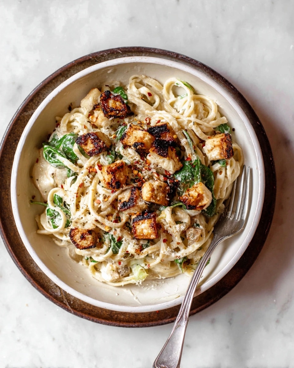 The image shows a white bowl filled with creamy pasta that has two main layers: a thick layer of light cream-colored noodles intertwined with small green leaves and tender white pieces, and a top layer scattered with golden-brown grilled cubes. The grilled cubes have a slightly crispy texture with some darker char marks. Red chili flakes are sprinkled over the dish, adding small spots of red. A silver fork rests on the right side inside the bowl. The bowl sits on a worn dark brown plate, and the whole scene is set on a white marbled surface. Photo taken with an iphone --ar 4:5 --v 7