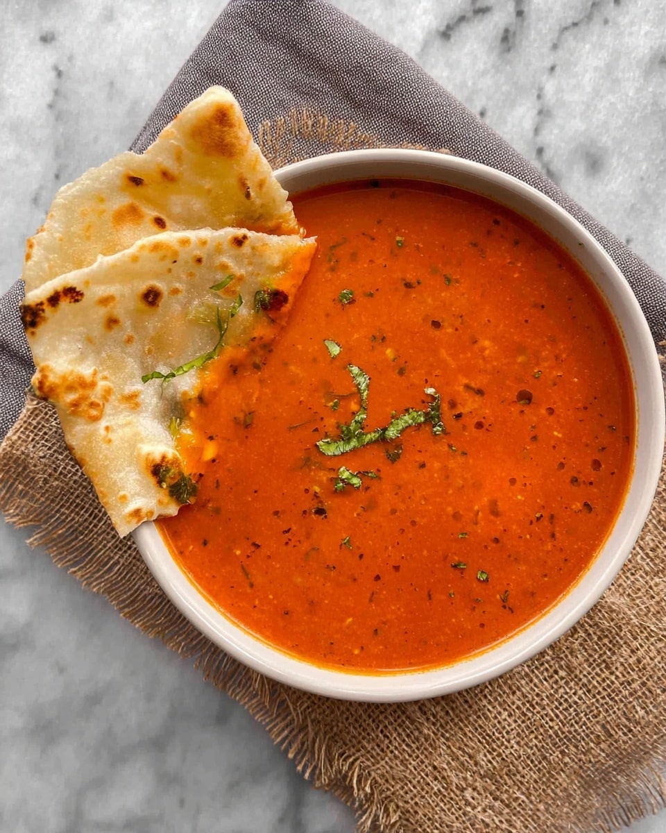 The image shows a bowl of thick orange-red soup filled almost to the top, with small bits of herbs and spices visible in the smooth texture. Two pieces of flatbread with golden-brown spots and some green herb garnish rest on the edge of the white bowl, partially dipped in the soup. The bowl sits on a piece of coarse, light brown burlap cloth placed on top of a soft, textured gray cloth, all set on a white marbled surface. The scene is bright and clear, showing rich colors and details. photo taken with an iphone --ar 4:5 --v 7