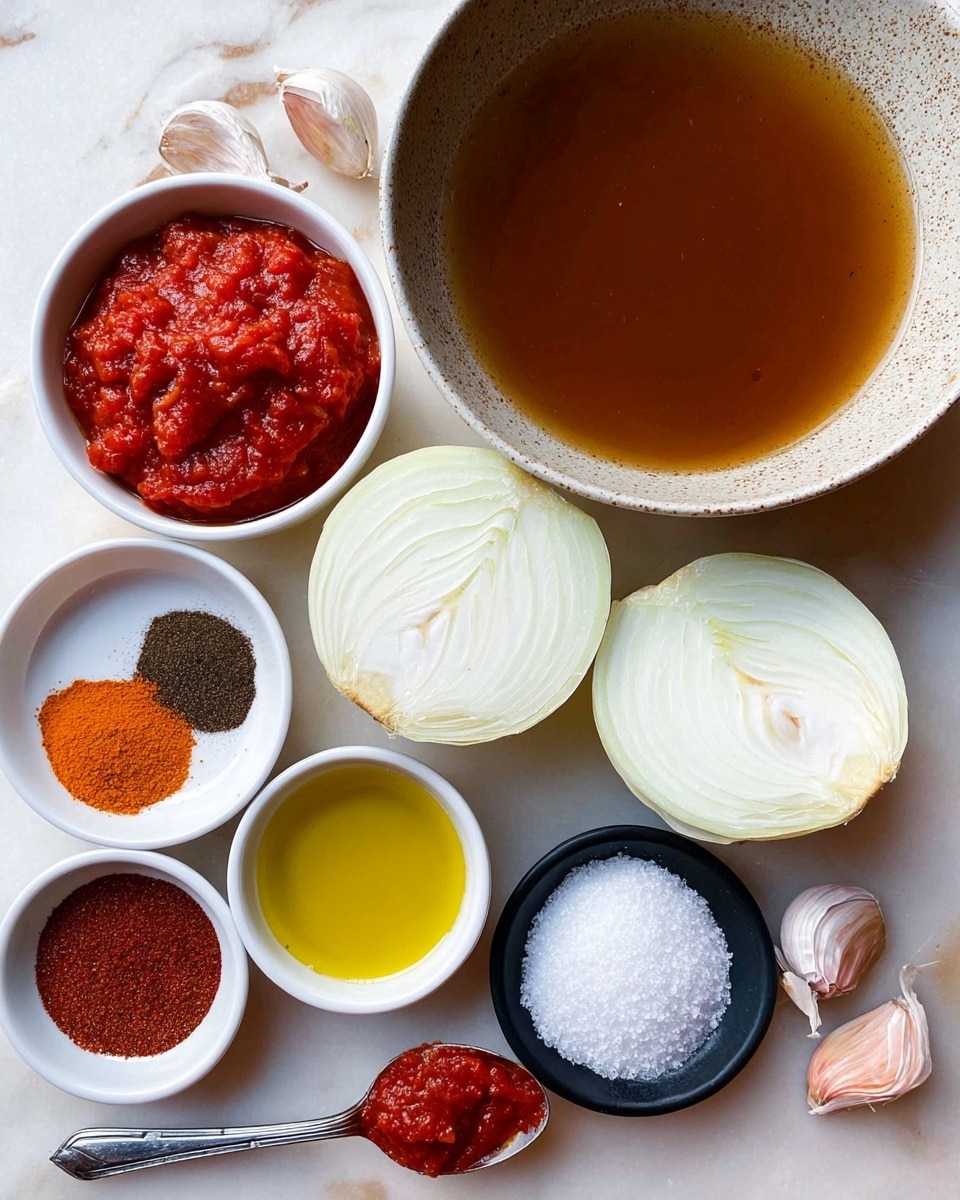 The image shows several ingredients arranged on a white marbled surface. At the top, there is a large bowl filled with clear brown broth. Below it, two halves of a white onion with visible layers and texture sit side by side. To the left of the onions, a small bowl holds chunky red tomato sauce with bright red tones. Surrounding these are small white bowls with different spices: one with dark brown powder, another with bright red powder, and a third one with yellow olive oil. There's also a small black bowl with white salt crystals and a smaller black bowl with white flour. A silver spoon with a small amount of thick red paste is placed near the bottom right. Three cloves of garlic rest beside the onions. The ingredients are all clearly visible with distinct colors and textures. Photo taken with an iphone --ar 4:5 --v 7