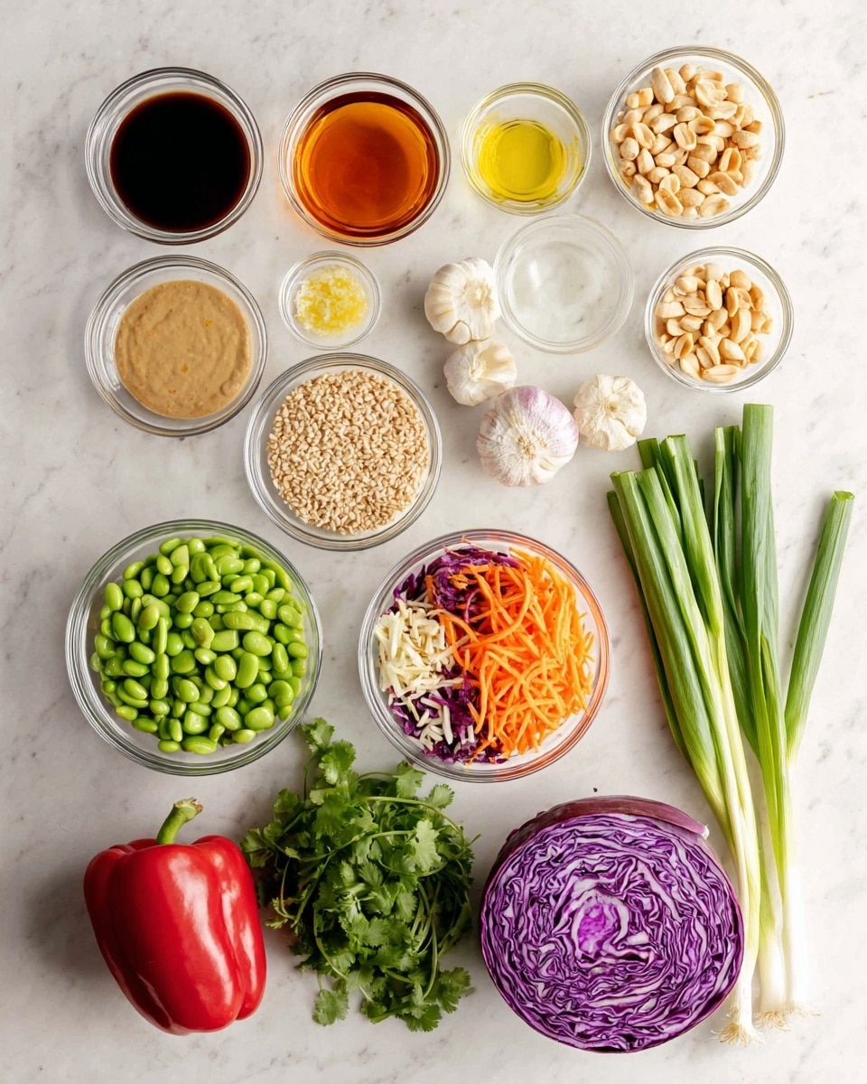 The image shows an arrangement of fresh ingredients on a white marbled surface, all in clear round glass bowls and loose items placed neatly. From top to bottom: the top row has three bowls with dark brown sauce, amber liquid, and clear liquid. The middle row includes a creamy beige sauce, minced ginger, minced garlic, and light yellow liquid in separate small bowls. Below these are larger bowls with bright green edamame, a mix of white and red grains, and shredded orange carrots. At the lower right are whole raw ingredients: a halved purple cabbage showing its tight, curly layers, a shiny red onion, beige peanuts, two green onions with white bulbs, bunches of leafy green cilantro, and a large red bell pepper. The neat layout highlights the fresh colors and textures clearly. Photo taken with an iphone --ar 4:5 --v 7