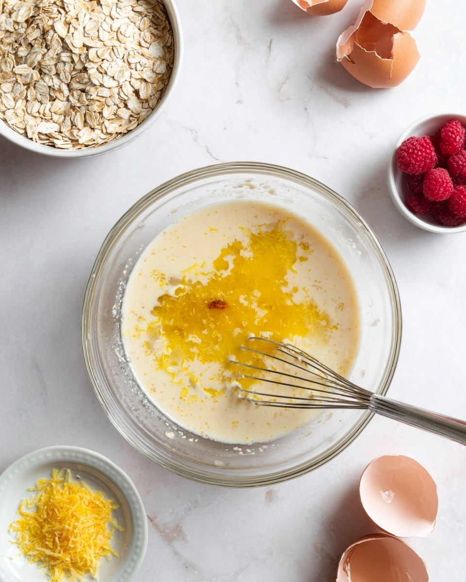 A clear glass bowl in the center contains a liquid mixture with two main layers: a light creamy beige base and patches of bright yellow zest floating on the surface, with a silver whisk resting inside. Surrounding the bowl on a white marbled surface are three bowls and some eggshells: at the top left is a white bowl filled with rolled oats, below it a smaller white bowl holding bright red raspberries, and just below that a small white plate with finely grated yellow lemon zest. On the right side, two cracked brown eggshells sit near the glass bowl. Photo taken with an iphone --ar 4:5 --v 7