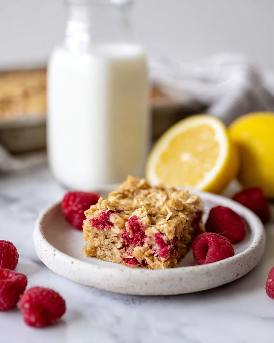 A square bar sits in the center on a white plate with a slightly rough texture. The bar has two main layers: a golden oatmeal base that forms the bulk, rough with small oat flakes, and scattered bright red raspberry pieces embedded inside and on top. Around the plate, there are more raspberries and a lemon cut in half showing its bright yellow inside. Behind the plate, there's a clear glass bottle filled with white milk, all placed on a surface of white marble with soft veins. photo taken with an iphone --ar 4:5 --v 7