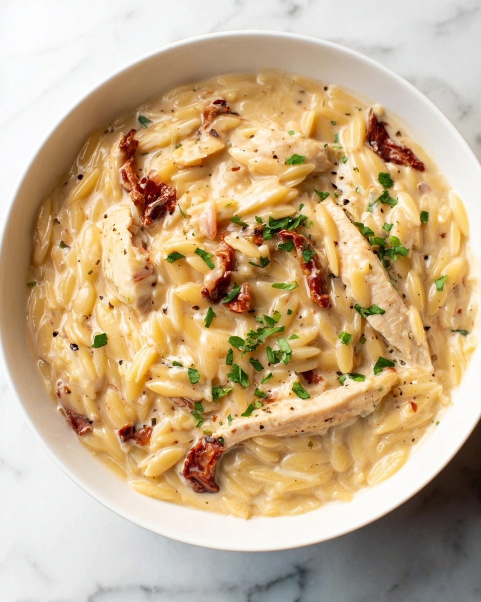 A white bowl filled with a creamy beige sauce mixed with orzo pasta and thin slices of white chicken. The dish has pieces of sun-dried tomatoes in dark red scattered throughout, and small bright green herbs sprinkled on top. The texture looks rich and smooth with a slight shine from the sauce, and some black pepper flakes add subtle color contrast. The bowl sits on a white marbled surface. photo taken with an iphone --ar 4:5 --v 7