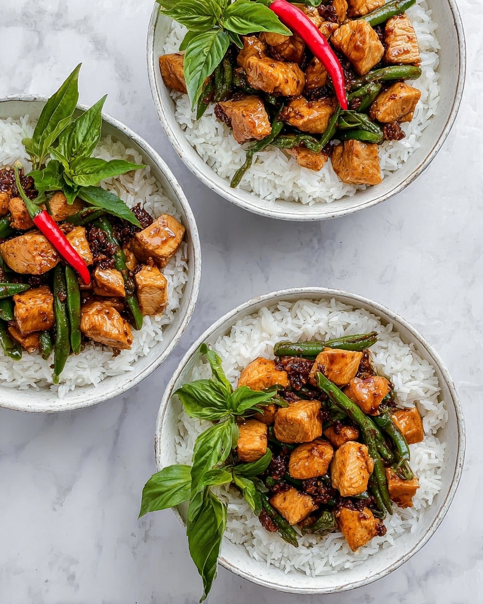 Three white bowls filled with plain white rice form the bottom layer, topped with a layer of cubed golden-brown cooked chicken pieces mixed with green beans and dark sauce-coated bits. Each bowl is garnished with fresh green basil leaves, and two of them have a bright red chili pepper resting on top. The bowls are set on a white marbled surface. photo taken with an iphone --ar 4:5 --v 7