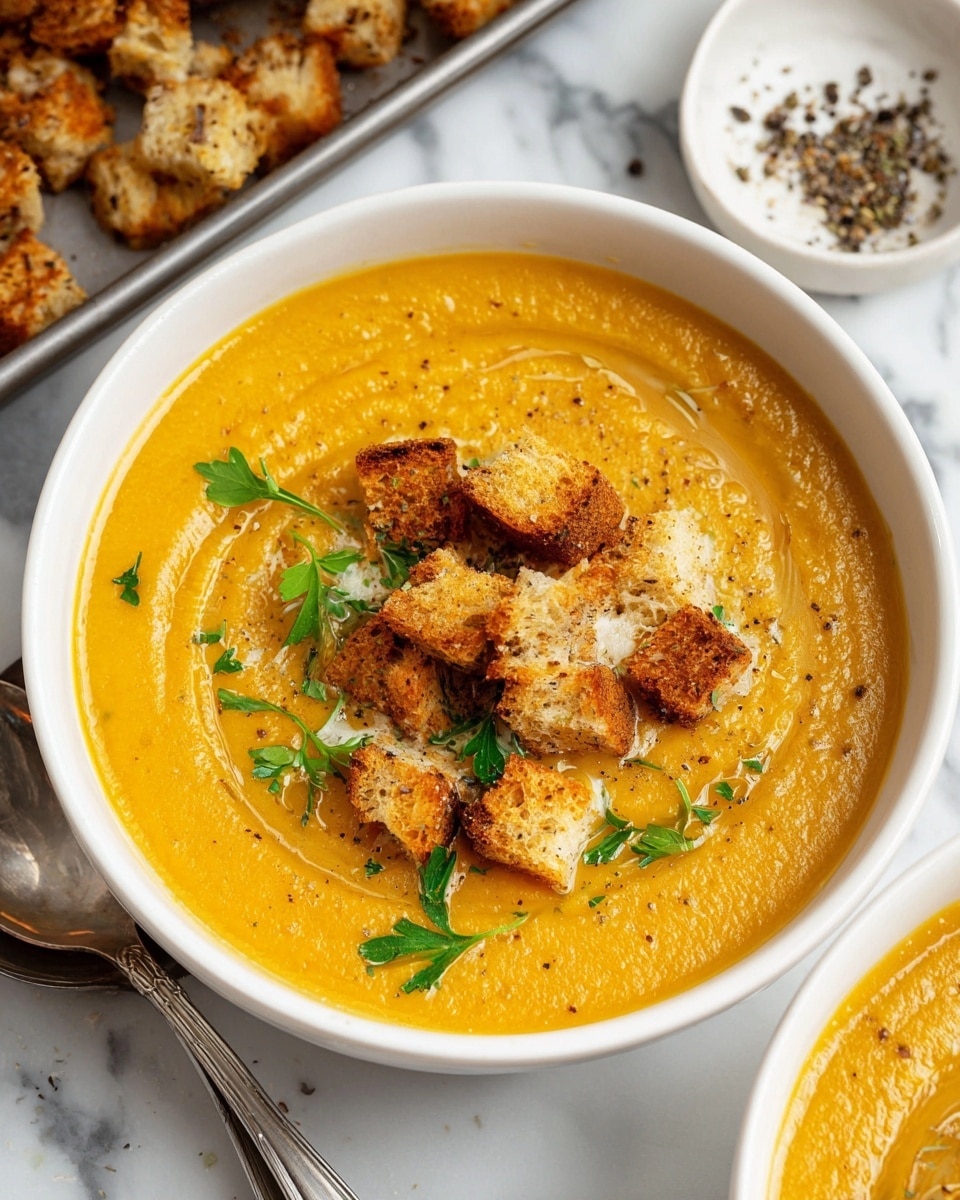 A bowl of creamy orange soup fills a white bowl, topped with golden brown, chunky croutons and small green parsley leaves scattered on top. The soup has a smooth texture with slight swirls, and fine black pepper dots around the surface. The bowl sits on a white marbled surface alongside a silver spoon and a small white dish with ground black pepper. In the background, there is a tray of extra croutons with a crunchy texture. photo taken with an iphone --ar 4:5 --v 7