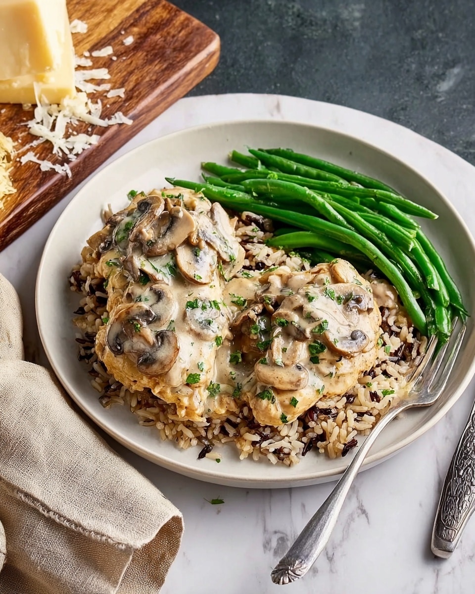The dish shows a round white plate filled with three layers. The bottom layer is a mix of wild rice with a light tan and darker brown color, forming a soft base. On top are two pieces of cooked chicken covered in creamy mushroom sauce, with light brown mushrooms and green herbs scattered around, giving a smooth texture. At the side of the plate, a pile of bright green fresh green beans adds a fresh color contrast. The plate sits on a white marbled surface, accompanied by a silver fork on a beige cloth napkin and a wooden board with grated cheese nearby. Photo taken with an iphone --ar 4:5 --v 7