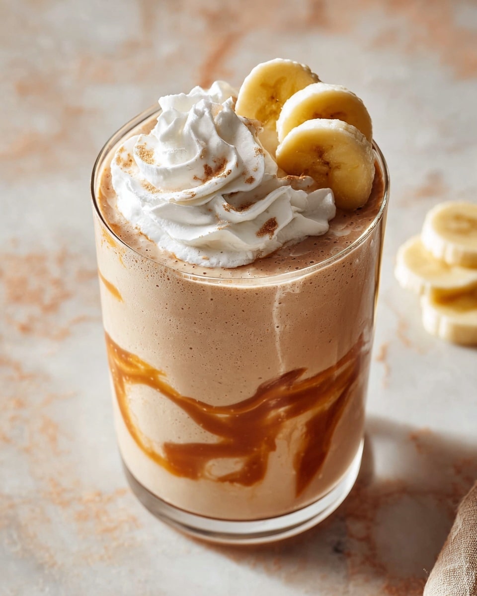 A clear glass filled with a creamy light brown milkshake with swirls of dark caramel sauce inside the glass, topped with a large swirl of white whipped cream and two slices of fresh banana leaning against the whipped cream. The drink sits on a white marbled surface with a soft light background. photo taken with an iphone --ar 4:5 --v 7