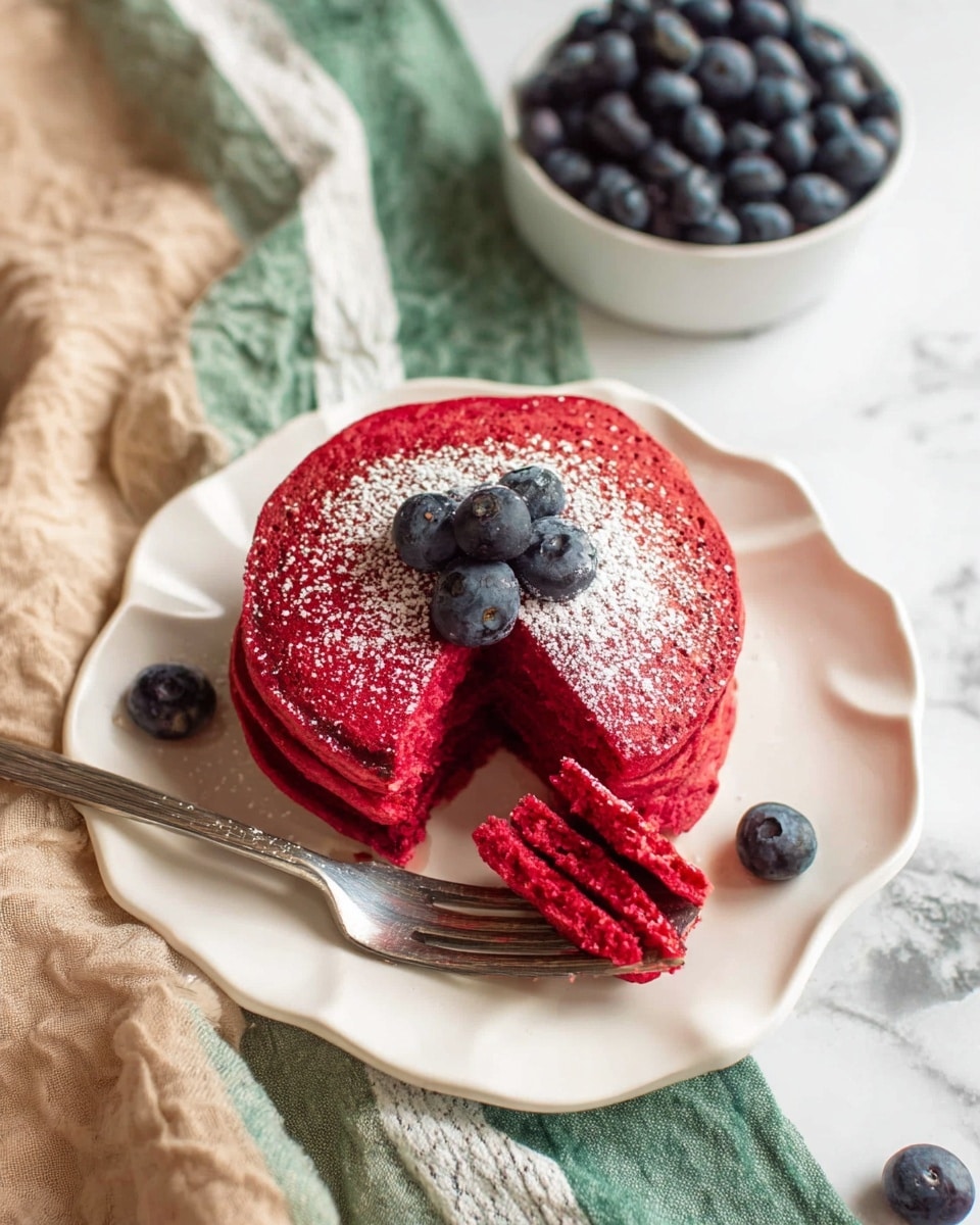 A stack of four bright red pancakes sits on a white plate with a wavy edge, topped with three fresh blueberries and a dusting of powdered sugar focused on one side. The top pancake has a slice removed, showing its soft and moist texture, and a fork is inserted into the slice. Around the plate, there are a few scattered blueberries. Above the plate, there is a white bowl filled with dark blueberries on a white marbled surface, along with a green and white striped cloth and a beige fabric draped under and around the plate. Photo taken with an iphone --ar 4:5 --v 7
