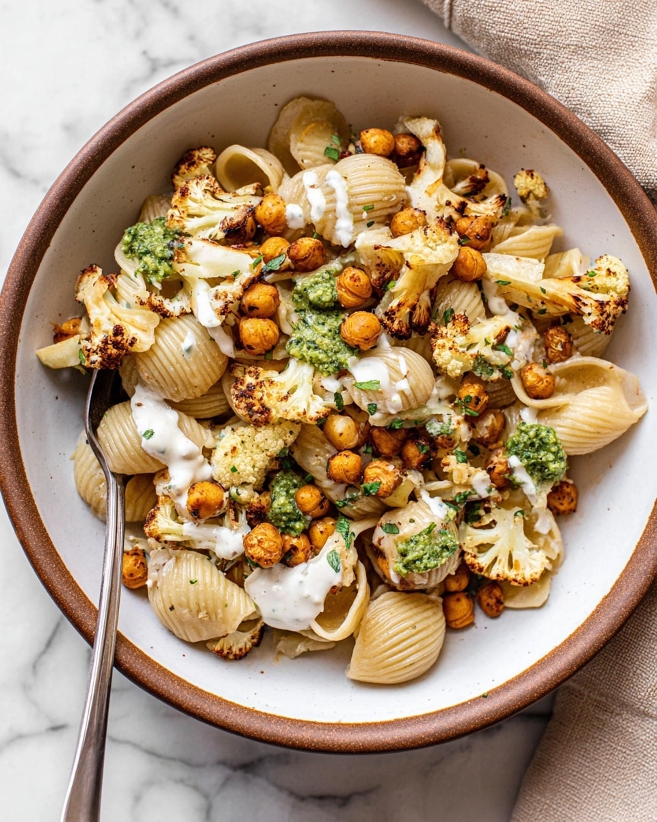 The dish in a white bowl with a brown rim shows a mix of shell-shaped pasta that is pale beige in color, roasted golden-brown chickpeas scattered throughout, and pieces of lightly toasted cauliflower with crispy, slightly charred edges. Green pesto dollops are spread unevenly across the pasta and chickpeas, adding color contrast. There is also a drizzle of creamy white sauce on top, with small bits of fresh green herbs sprinkled over the dish. A silver fork leans inside the bowl on the left side. The bowl is placed on a white marbled surface with a beige cloth in the background. Photo taken with an iphone --ar 4:5 --v 7