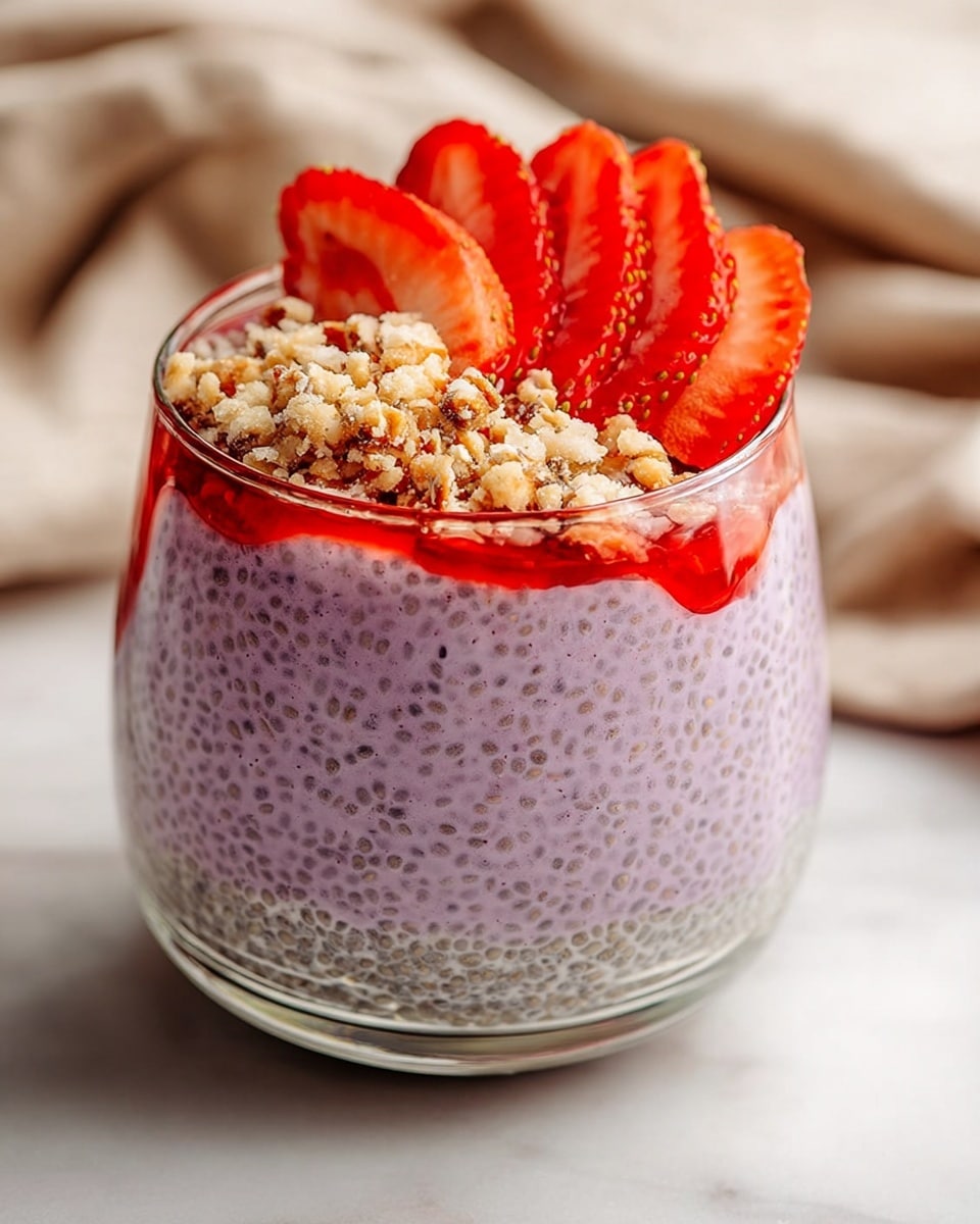A clear glass cup is filled with three layers. The bottom layer is light brown crushed nuts, covered halfway by a thick light purple chia pudding with visible seeds. On top, more crushed nuts cover slightly less than half the surface. Next to this is a drizzle of bright red strawberry syrup. On one side, several thin slices of a bright red strawberry with green leaves sit fanned out. The setup is on a white marbled surface with a soft beige cloth in the blurred background. Photo taken with an iphone --ar 4:5 --v 7