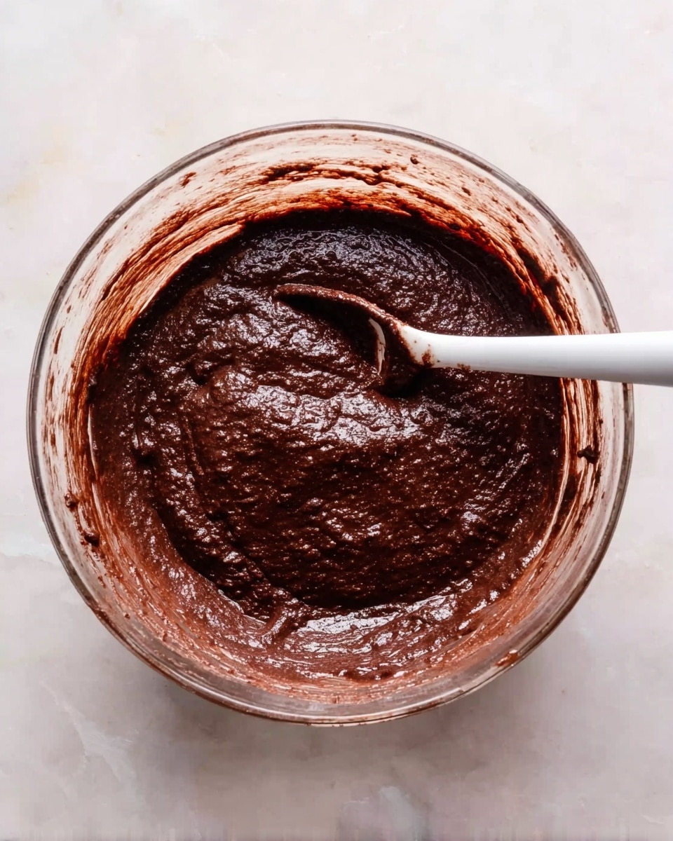 A clear glass bowl filled with thick dark brown chocolate batter, textured and smooth but with some small lumps, sits on a white marbled surface. A white spoon with some batter on it rests inside the bowl, partially dipped into the mixture. The edges of the bowl have streaks of chocolate batter as if just mixed. The lighting shows the shiny, moist texture of the batter, making it look rich and dense. photo taken with an iphone --ar 4:5 --v 7