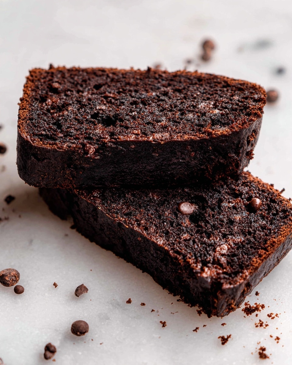 The image shows two slices of dark chocolate cake placed on a smooth, white marbled surface. The cake has a rich, dense texture with small chocolate chips scattered inside and on top. The edges of the slices are slightly rough, showing a moist crumb structure. Around the cake slices, a few loose chocolate chips and small crumbs can be seen, adding detail to the scene. The colors are deep brown with hints of black, highlighting the chocolate richness. Photo taken with an iphone --ar 4:5 --v 7