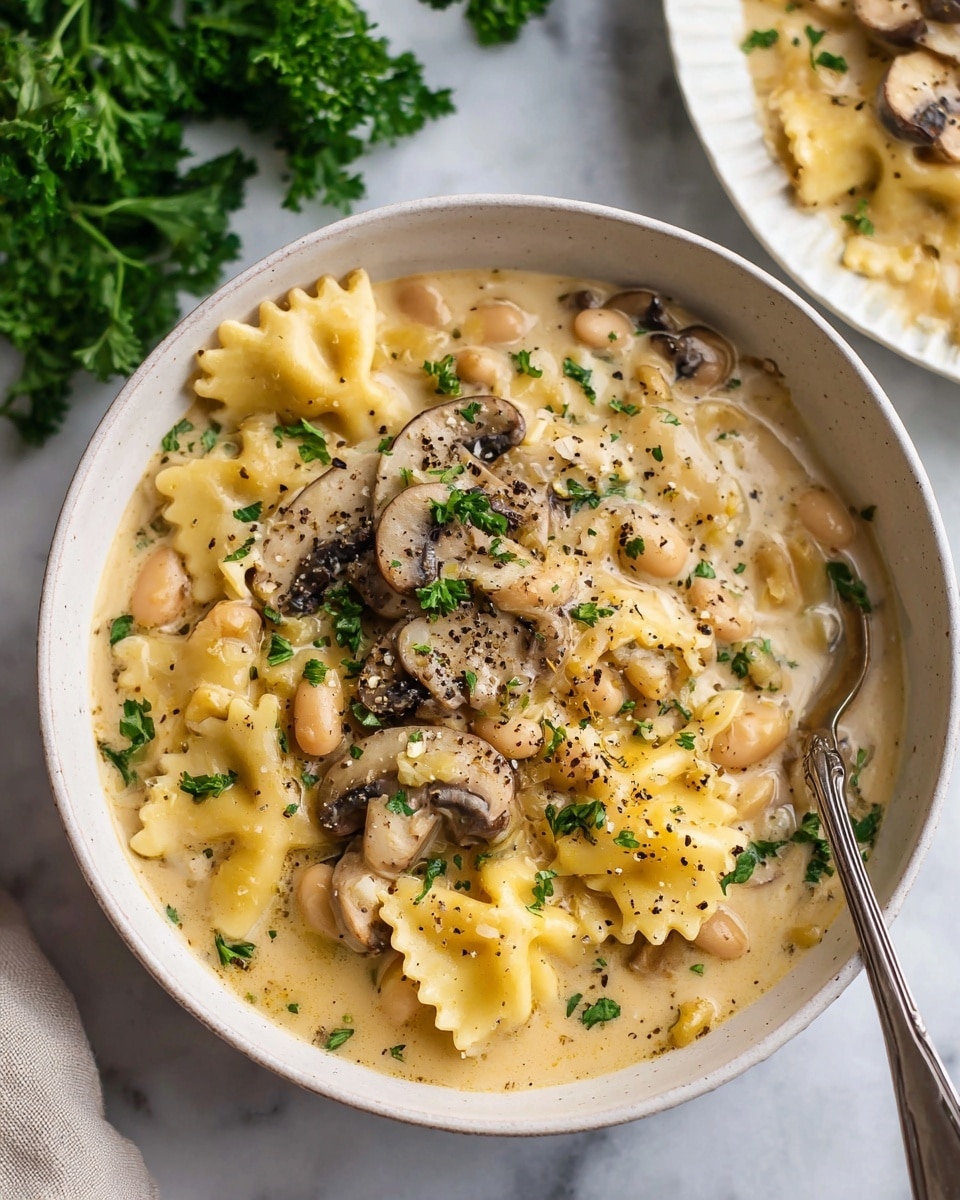 The image shows a white bowl filled with creamy pasta soup that has three visible layers. The bottom layer is a thick, light yellow cream sauce with small chunks of onion and beans scattered throughout. On top of this sauce, there are soft pasta pieces with ruffled edges and sliced mushrooms that look tender, all mixed with white beans. The top layer has a sprinkle of black pepper and finely chopped green parsley for color. A silver spoon rests inside the bowl, and the bowl sits on a white marbled surface with some fresh green parsley on a white plate in the background. Photo taken with an iphone --ar 4:5 --v 7