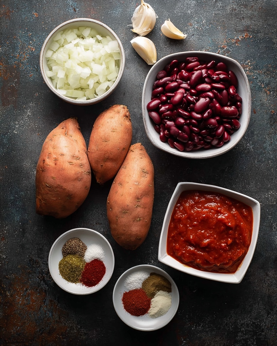 The image shows six cooking ingredients laid out on a dark surface with a rough texture: two whole sweet potatoes with a light brown skin, a small white bowl filled with finely chopped white onions, two garlic cloves with their skin partially on, a square white bowl filled with dark red kidney beans, a round white bowl containing four different spices in separate small piles green, white, red, and brown, and a square white bowl filled with thick red tomato sauce. All items are clearly separated with no overlapping, arranged neatly in a flat lay style. photo taken with an iphone --ar 4:5 --v 7
