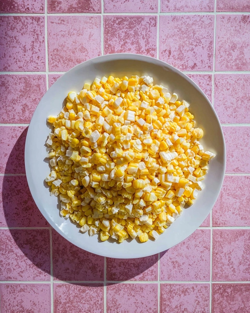 A white plate is filled with small pieces of yellow and white corn kernels along with small corn cob sections. The corn pieces are piled high, covering the whole plate with a mix of soft yellow and pale white colors and a textured look from the kernels and cob cuts. The plate is placed on a pink tile surface. photo taken with an iphone --ar 4:5 --v 7