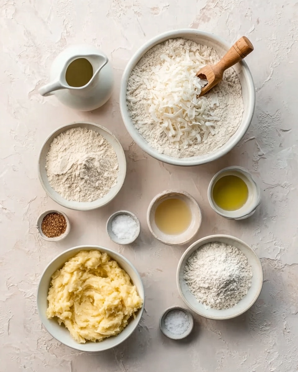 A top view of several white bowls and a white jug arranged on a white marbled surface. There is a large white bowl filled with shredded coconut and a small wooden scoop inside it, positioned near the center. Next to it is another large white bowl filled with flour, also with a small wooden scoop resting on top. Surrounding these are smaller white bowls holding mashed bananas, granulated sugar, an egg, salt, vanilla seeds, and a white jug of oil. The bowls show different textures and colors from the soft pale yellow of mashed bananas to the fine white grains of sugar and flour. Photo taken with an iphone --ar 4:5 --v 7