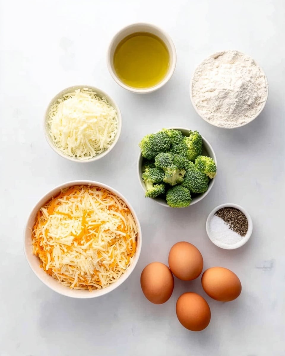 The image shows seven ingredients arranged on a white marbled surface. In the top left is a small white bowl with light golden oil. To the right is a small white bowl filled with white flour. Below that, a small white bowl holds small green broccoli florets. Below the broccoli, there are four brown eggs placed together. On the left side, below the oil, there is a large white bowl filled with shredded orange and white cheese. Below the cheese bowl, two small white bowls contain fine white salt and black pepper. The arrangement is neat and spaced evenly. Photo taken with an iphone --ar 4:5 --v 7