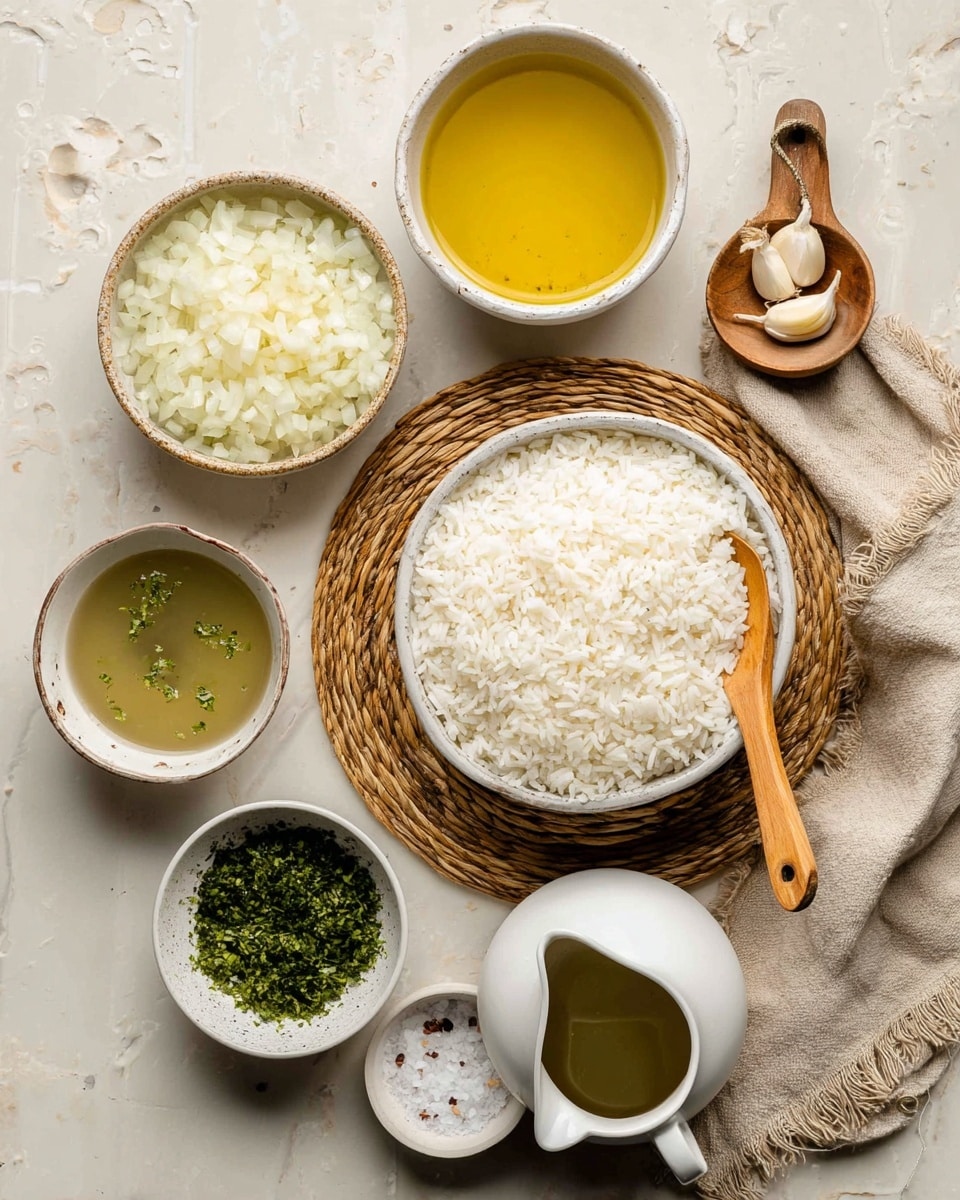 A top-down view of seven small white bowls arranged on a white marbled surface with a round woven placemat underneath. In the center right, a large bowl is filled with white rice with a wooden spoon resting on top holding white salt. To the left, there is a bowl of chopped white onions and below it, a bowl of yellow broth. Above the rice, a small bowl of green chopped herbs is placed next to another small bowl with two cloves of garlic in water. Below the rice, there is a white pitcher of oil and a wooden spoon with white creamy sauce sprinkled with green herbs, placed on a beige cloth. Photo taken with an iphone --ar 4:5 --v 7