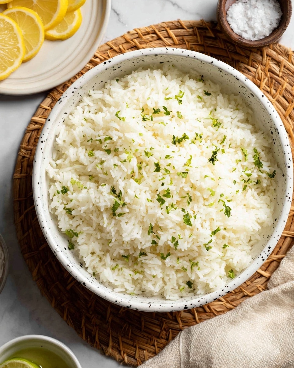 A close-up of a white bowl with black speckles filled with white rice sprinkled with small bright green herb pieces on top, placed on a woven round mat on a white marbled surface; around the bowl, there are partial views of a small white plate with lemon wedges, a small white bowl with greenish sauce, a beige cloth, and a container of salt visible, creating a fresh and simple food setting, photo taken with an iphone --ar 4:5 --v 7