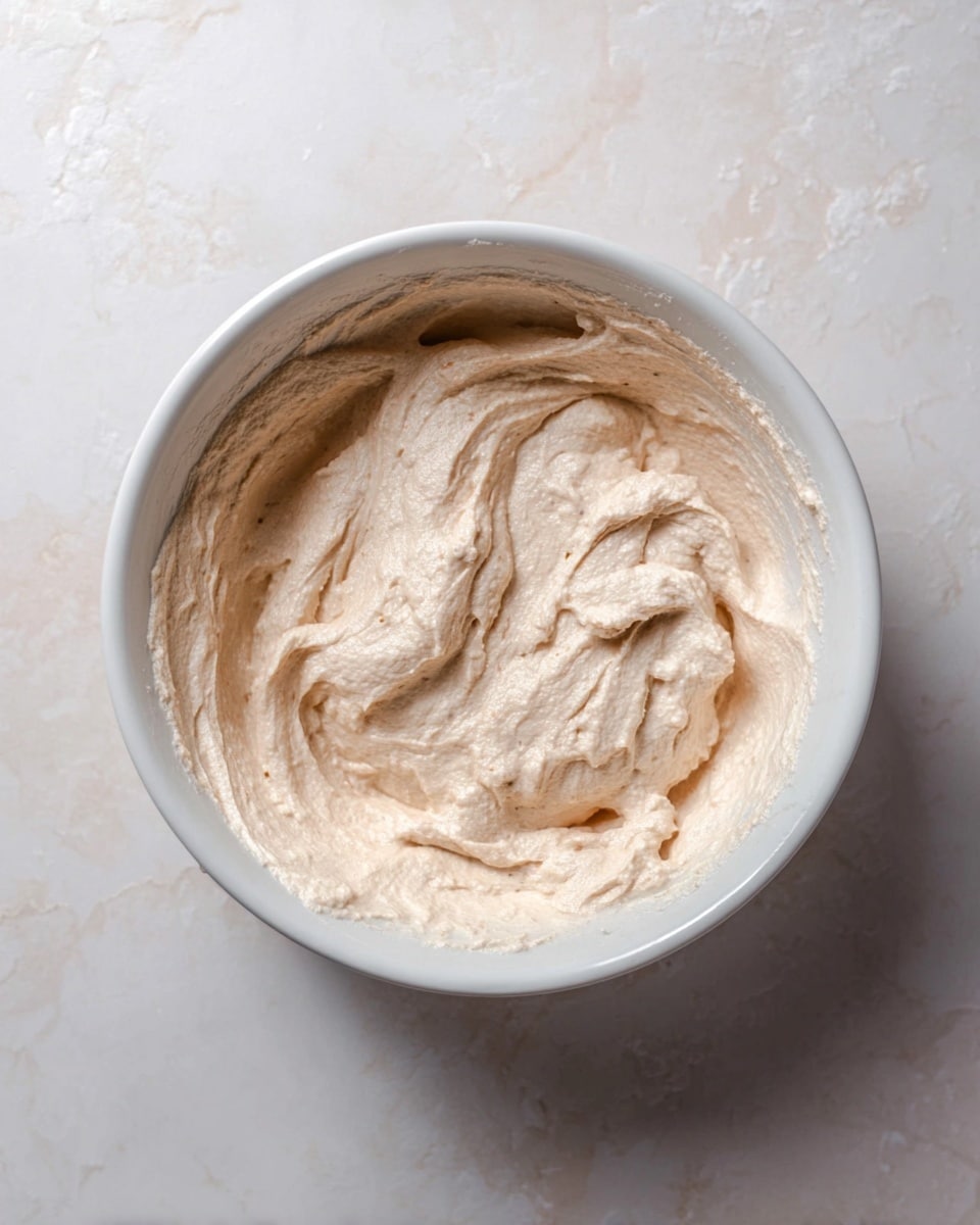 A white bowl filled with a thick, light beige creamy mixture that has a smooth yet slightly textured surface with swirls and soft peaks, sitting on a white marbled textured surface. photo taken with an iphone --ar 4:5 --v 7