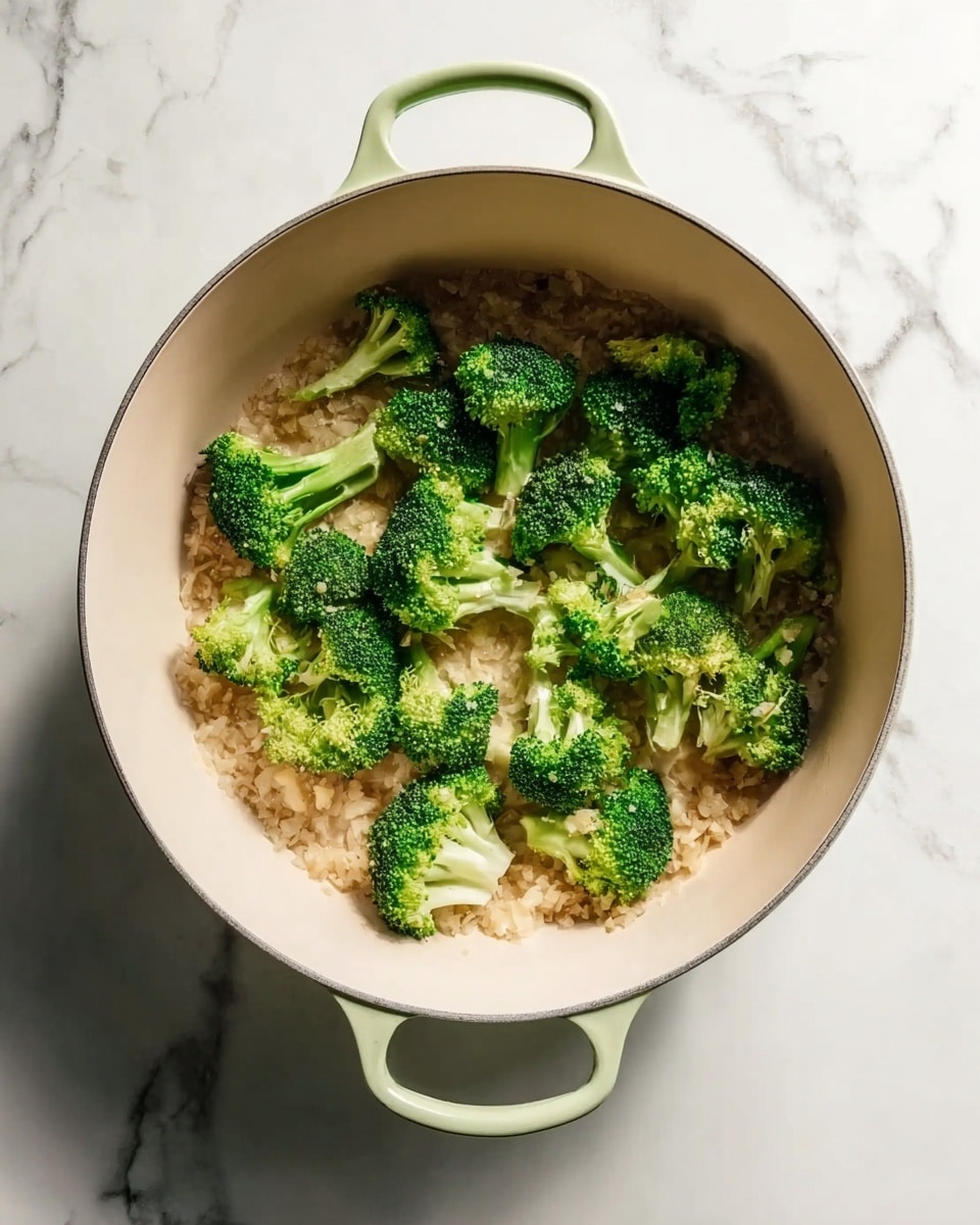 A white pot with light green handles is placed on a white marbled surface. Inside the pot, there is a base layer of finely chopped light brown onions spread evenly. On top of the onions, bright green broccoli florets are scattered in a loose circular pattern, showing the texture of the broccoli with tiny buds and thick stems. The pot’s interior is light beige, and the overall scene has soft, natural lighting highlighting the fresh ingredients. photo taken with an iphone --ar 4:5 --v 7