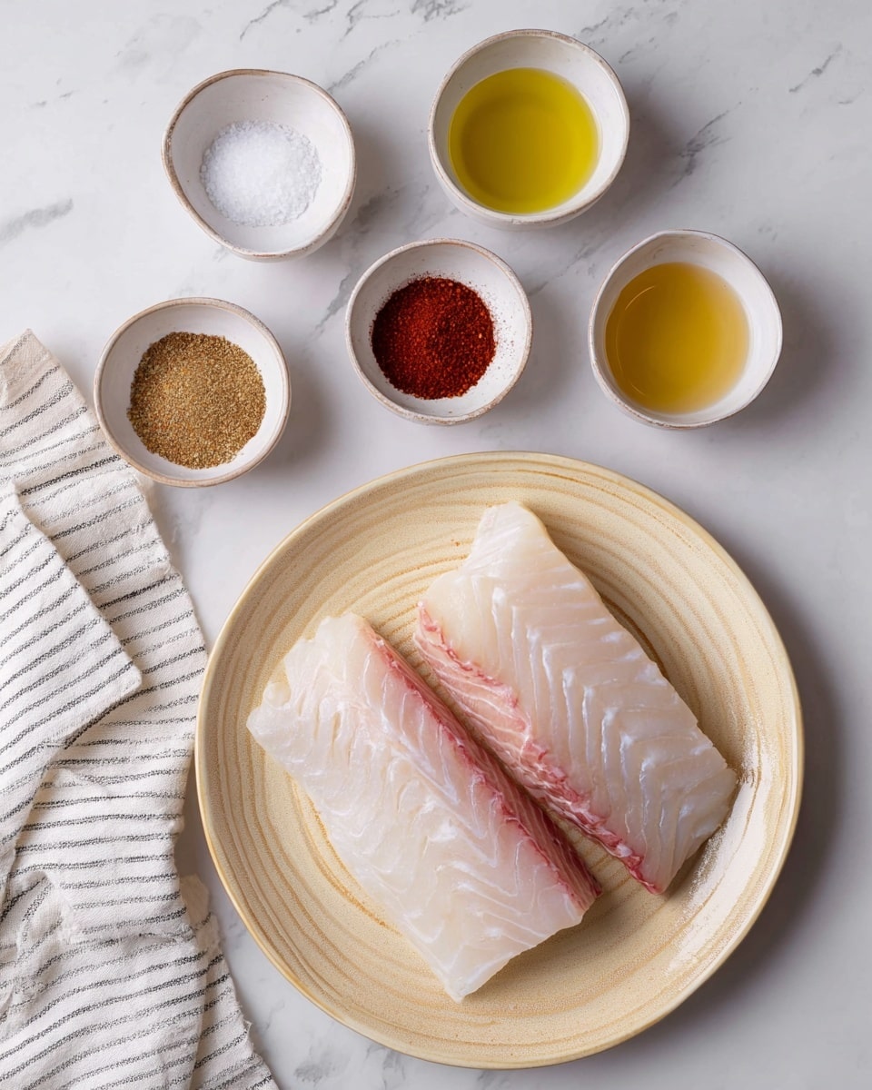 Two pieces of raw white fish with a slight pinkish tint lie side by side on a cream-colored plate with a wood grain texture, placed on a white marbled surface. Above the plate are five small white bowls, each containing a different ingredient: one with white salt, one with a yellow liquid, one with a pale oil, one with brown spice, and one with red spice. A striped white cloth is positioned at the bottom left corner of the image. Photo taken with an iphone --ar 4:5 --v 7