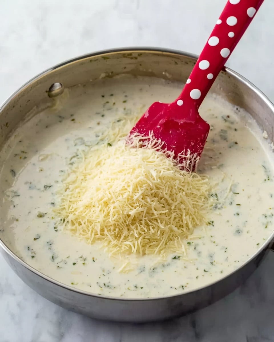 A close-up view of a shiny stainless steel pan placed on a white marbled surface, filled with a creamy white sauce that has small green herb bits scattered throughout. On top of the sauce is a mound of fine, light yellow grated cheese being stirred by a red spatula with large white polka dots, the spatula’s head partially buried in the sauce. Photo taken with an iphone --ar 4:5 --v 7