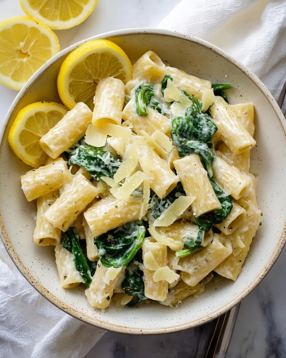 The image shows a white bowl filled with rigatoni pasta coated in a creamy white sauce. Scattered among the pasta are bright green spinach leaves. Thin, pale yellow cheese slices are mixed on top, and two lemon wedges rest on the left side of the bowl. The bowl sits on a white marbled surface with a white cloth nearby. photo taken with an iphone --ar 4:5 --v 7