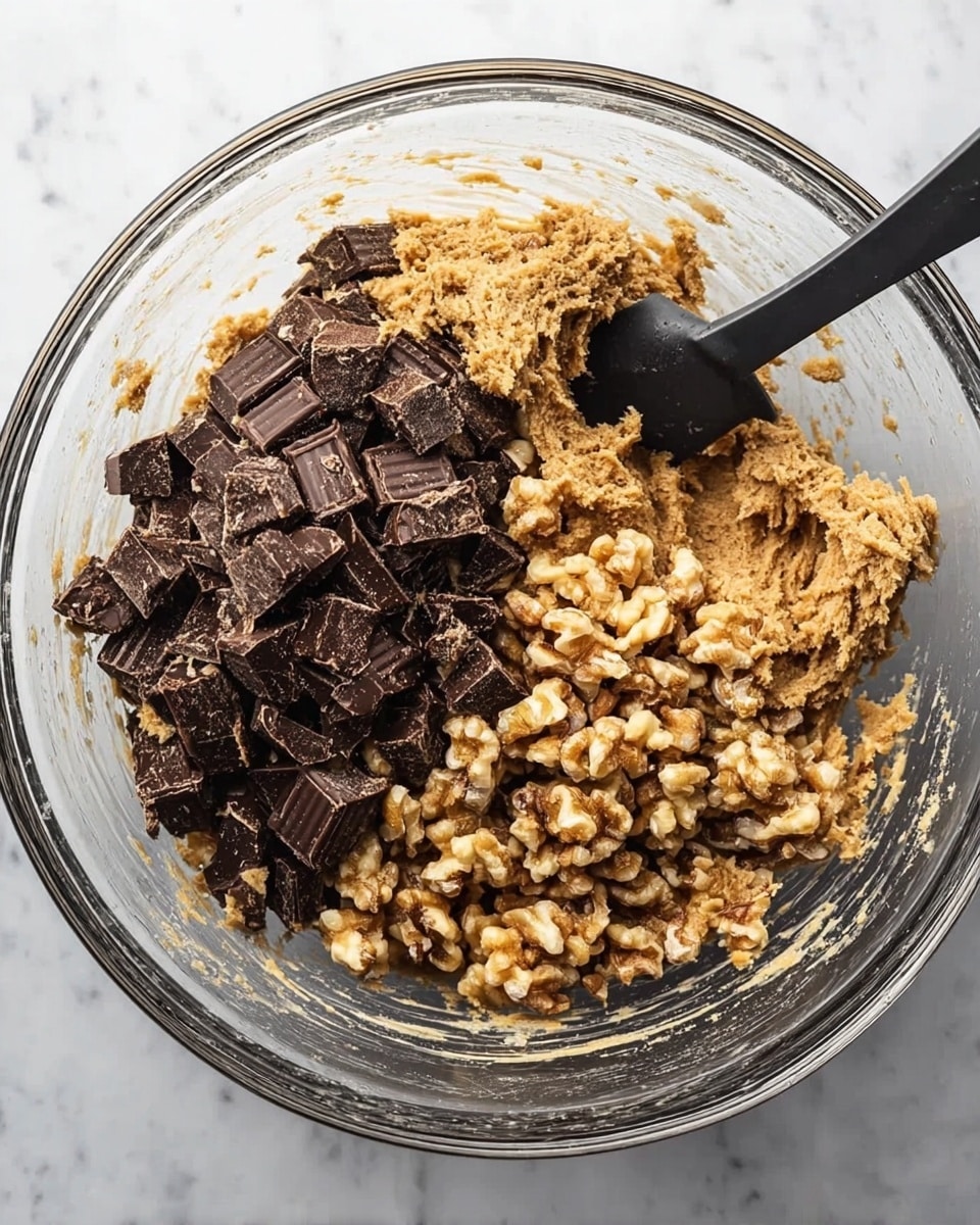 A clear glass mixing bowl sits on a white marbled surface filled with light brown cookie dough. The dough has a rough, thick texture and is topped with two large piles: one of dark brown chocolate chunks and another of small, unevenly shaped light brown walnut pieces. A black spatula rests inside the bowl on the right side, partially mixed into the dough. The scene looks bright and clean, showing the mixing process clearly. photo taken with an iphone --ar 4:5 --v 7