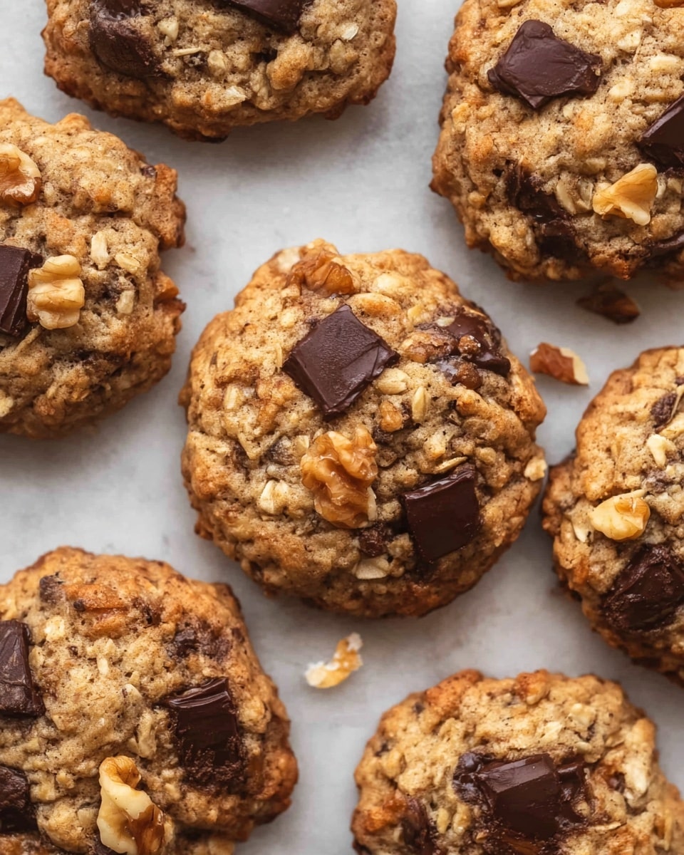 The image shows a close-up of six oatmeal cookies with dark chocolate chunks and small walnut pieces on top. Each cookie is light brown with a rough texture from the oats, and the chocolate chunks are dark and shiny, scattered unevenly across the surface. The walnut pieces are light tan and irregular in shape, resting on different parts of the cookies. The cookies are placed closely together on a white marbled surface, with some small cookie crumbs and nut pieces around them. Photo taken with an iphone --ar 4:5 --v 7