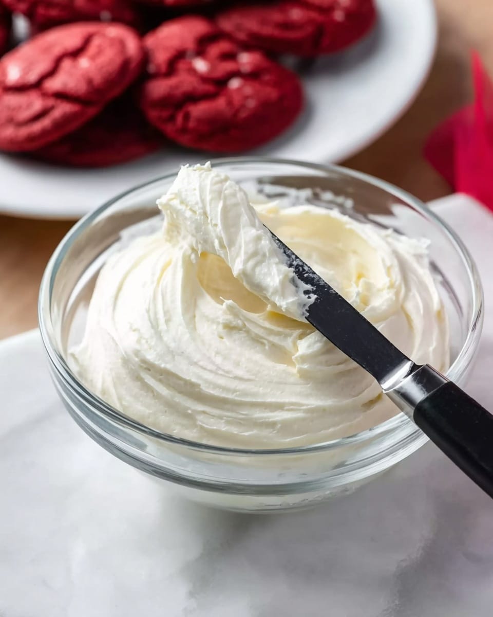 A clear glass bowl filled with smooth, white cream cheese frosting is placed on a white marbled surface. A knife with a black handle rests on top of the frosting with some frosting on the blade, showing a creamy and soft texture. In the background, there is a white plate full of red velvet cookies, adding a deep red contrast to the scene. The image is bright and focused on the creamy frosting bowl with a bit of cookie detail behind. photo taken with an iphone --ar 4:5 --v 7