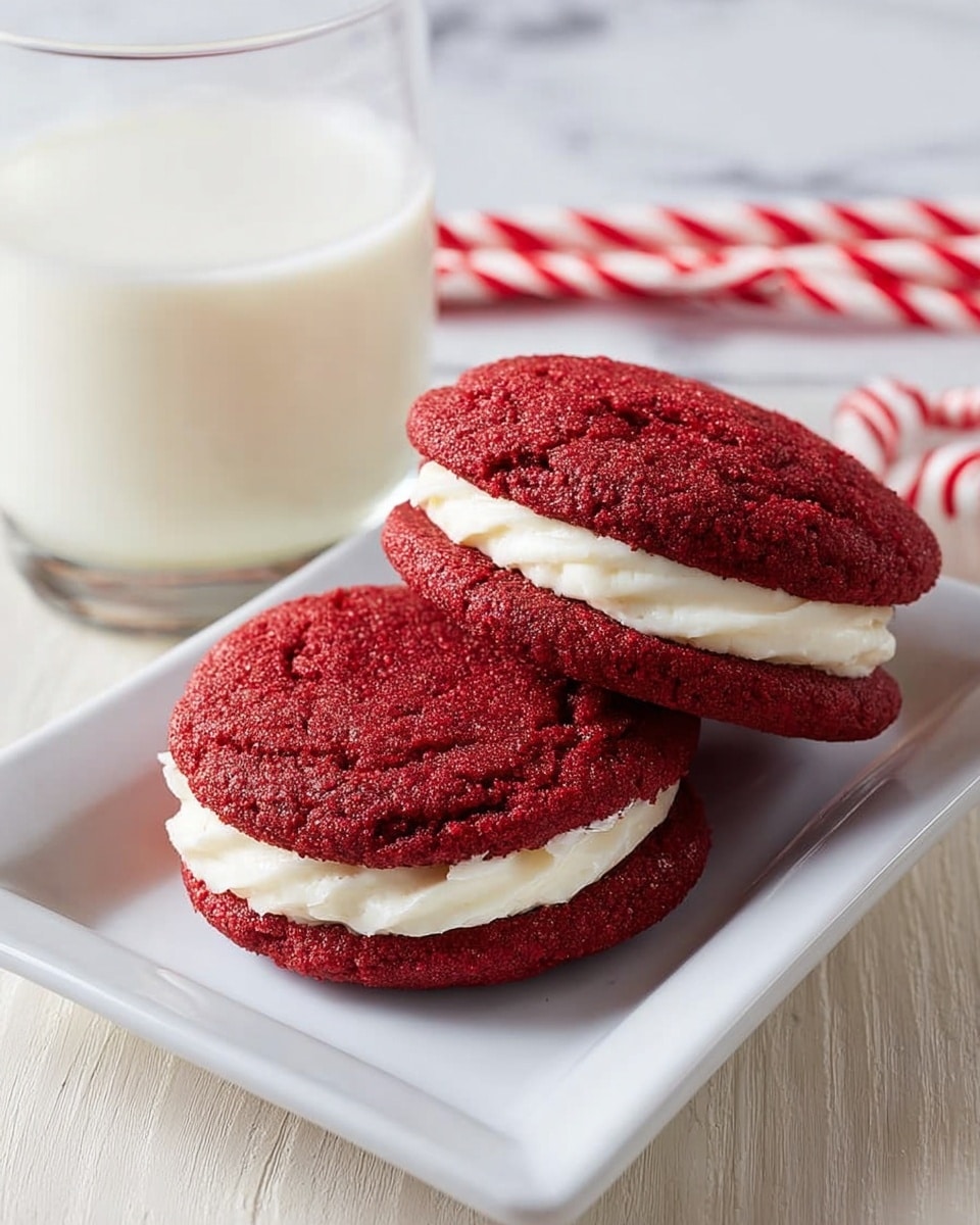 Two red velvet sandwich cookies with a rough texture are placed side by side on a white rectangular plate. Each cookie has two deep red layers with a smooth white cream filling between them. Behind the plate, there is a clear glass of milk, almost full, sitting on a light wooden surface with a white marbled texture. Two red and white striped paper straws lie next to the glass, slightly out of focus. The photo is taken with an iphone --ar 4:5 --v 7