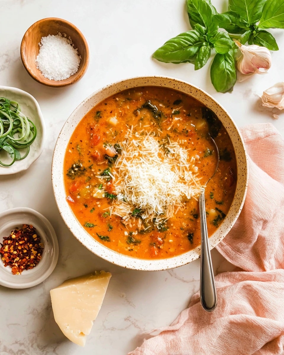 The image shows a bowl of rich tomato soup with visible chunks of vegetables and herbs in a light speckled round bowl. The soup has a smooth, creamy orange-red base with green chopped basil leaves mixed through. A pile of finely shredded white cheese sits in the middle on top of the soup. A silver spoon is placed on the right side inside the bowl. Around the bowl, on a white marbled surface, there is a small white plate with thinly sliced green basil leaves on the left, a wooden bowl with coarse salt above, garlic cloves nearby, a bunch of whole green basil leaves to the right, a piece of parmesan cheese in the bottom left corner, and a small white bowl with red chili flakes. A pale pink cloth is on the bottom right edge. Photo taken with an iphone --ar 4:5 --v 7