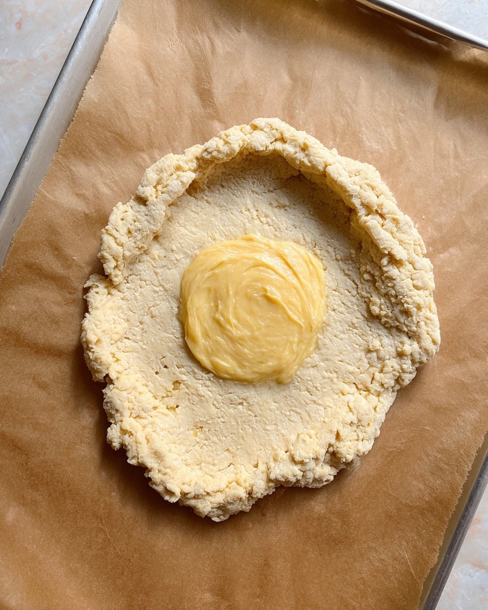 A close top view of one thick, uneven layer of light beige dough with rough edges on a baking sheet lined with brown parchment paper, topped in the center with a single large dollop of smooth pale yellow creamy batter slightly spread in a circle. The background shows a white marbled texture. Photo taken with an iphone --ar 4:5 --v 7