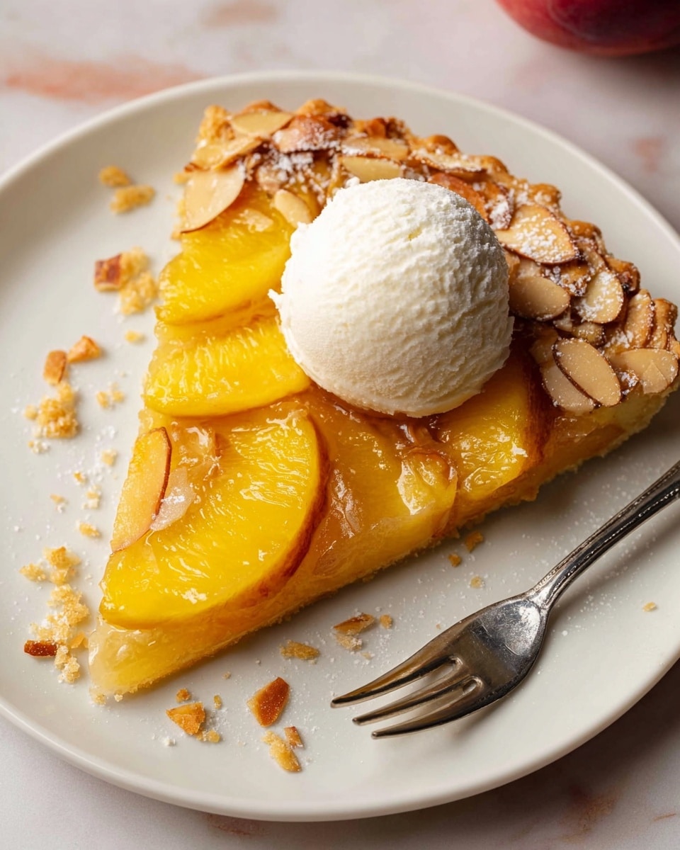 A single slice of peach tart sits centered on a white plate with a white marbled background. The bottom layer is a golden, flaky crust topped with glossy, bright yellow peach slices arranged neatly and slightly overlapping. Above the fruit is a second flaky crust layer sprinkled with toasted almond slices and coarse sugar for texture. On top of the tart slice is a round scoop of white ice cream with a smooth but slightly textured surface. Around the plate are a few small crumbs and almond pieces. A silver fork rests on the right side of the plate near the tart slice. Photo taken with an iphone --ar 4:5 --v 7