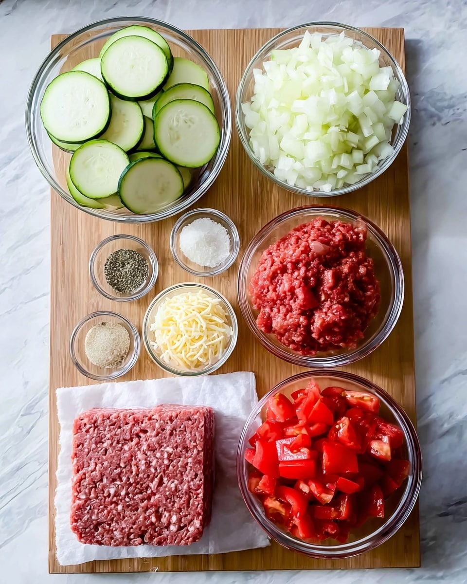 The image shows seven clear glass bowls arranged neatly on a wooden board with a white marbled texture underneath. The largest bowl at the top left is filled with round, thin slices of green zucchini showing light green flesh and smooth edges. To the right is a medium-sized bowl filled with finely chopped white onions with a soft, textured appearance. Below that, there is a medium bowl filled with shredded pale yellow cheese. A small bowl near the center contains minced garlic, and below that on the left, a clear bowl holds a mixture of salt, black pepper, and dried herbs. To the right side of this is a medium bowl filled with bright red diced tomatoes with visible seeds and juice. Centered on the board, placed on a piece of wax paper, is a rectangular block of finely ground raw beef with a textured surface. The whole setup is clean and organized, with soft natural light illuminating the fresh ingredients. Photo taken with an iphone --ar 4:5 --v 7