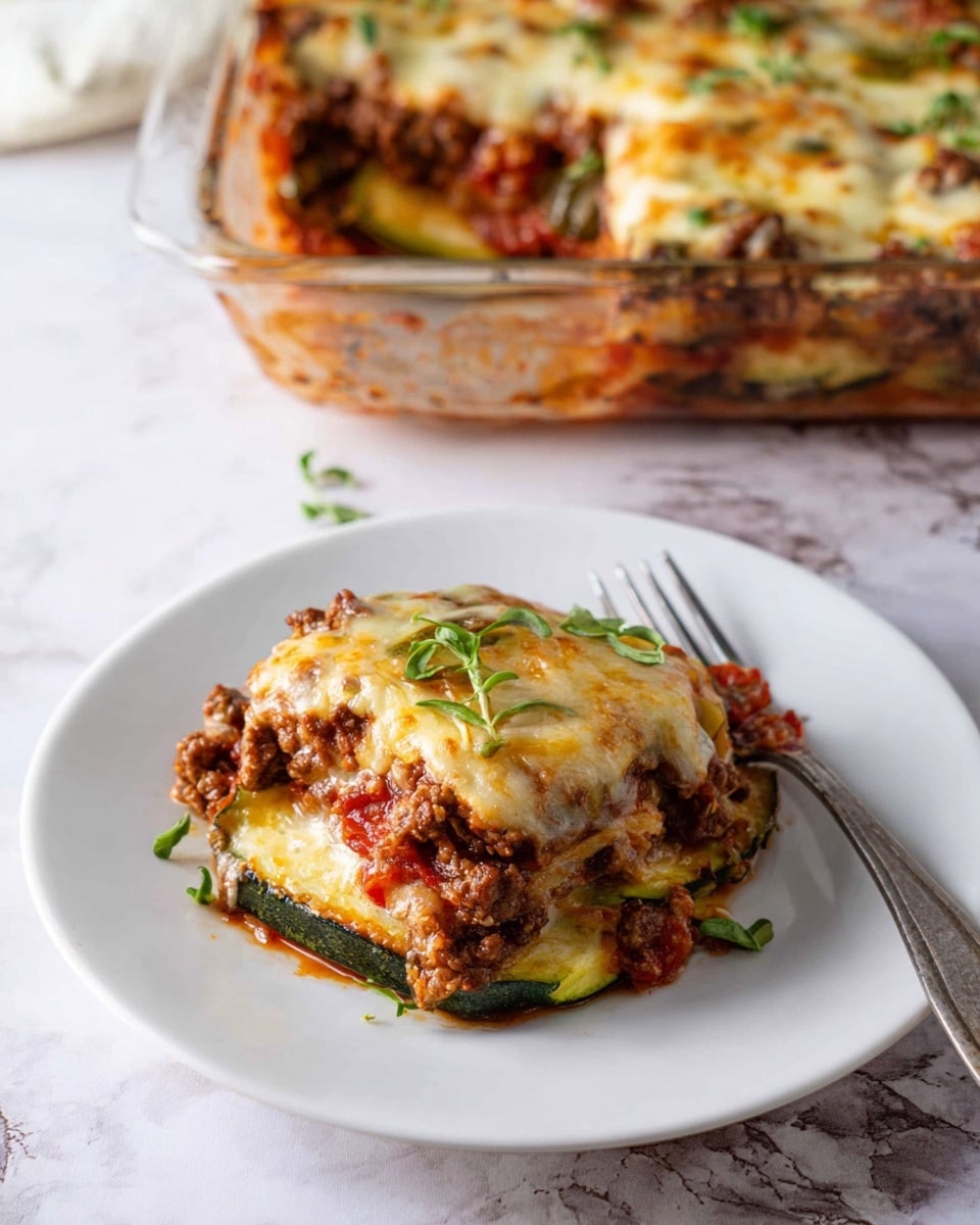 A serving of baked zucchini lasagna sits on a white plate with a silver fork to the right. The lasagna has layered slices of green zucchini at the bottom, topped with a mix of red tomato sauce and cooked ground meat, and finished with a golden-brown melted cheese layer on top that is slightly crispy around the edges. Small fresh green herb leaves are scattered on top for garnish. In the background, there is a clear glass baking dish filled with more lasagna, placed on a white marbled surface. Photo taken with an iphone --ar 4:5 --v 7