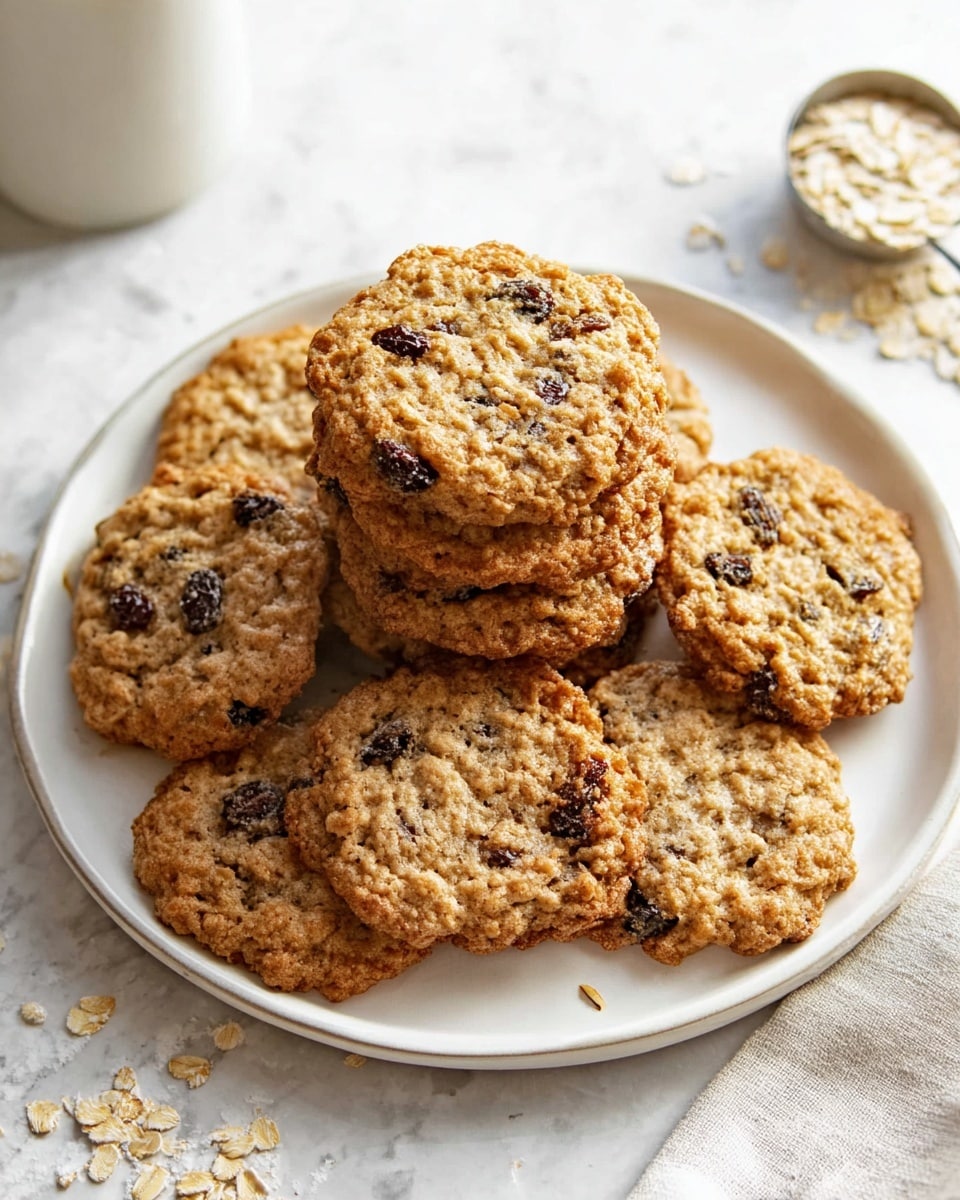 A white plate holds a stack of eight oatmeal raisin cookies, each cookie showing a rough, textured surface filled with visible oats and dark raisins spread throughout. The cookies have a golden brown color with slightly darker edges, creating a warm, baked look. The plate is set on a white marbled texture background, with some crumbs scattered around it and a measuring cup filled with oats on the side. To the upper left of the plate, there is a white ceramic jar partially seen. The lighting highlights the crunchy texture of the cookies. photo taken with an iphone --ar 4:5 --v 7