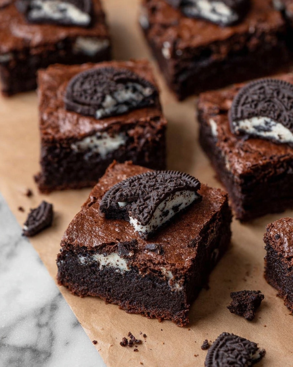 The image shows several square brownies placed on a light brown parchment paper with a white marbled surface underneath. Each brownie consists of one thick layer of dark brown chocolate cake that looks soft and slightly cracked on top. There are pieces of Oreo cookies decorated on the surface; some pieces are full Oreo halves with visible dark cookie and white cream layers, while others are smaller broken bits scattered across the brownies. The rough texture of the brownies contrasts with the smooth, creamy texture of the Oreo cream spots. Photo taken with an iphone --ar 4:5 --v 7