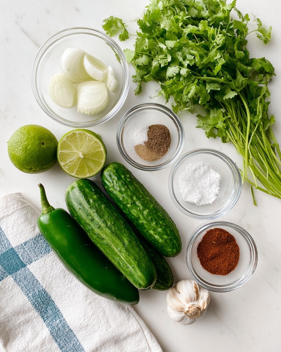 The image shows a white marbled surface with fresh ingredients arranged neatly. In the center, three green cucumbers lie next to two bright green jalapeños. To the right, there is a bunch of fresh cilantro with leafy green texture. Above the cucumbers, a halved lime reveals its light green inside. Small clear glass bowls hold white sliced onions, peeled garlic cloves, coarse salt, red chili powder, and ground cumin, creating a variety of textures from smooth to coarse. A white cloth with blue checkered stripes lies folded at the bottom left corner of the frame. Photo taken with an iphone --ar 4:5 --v 7