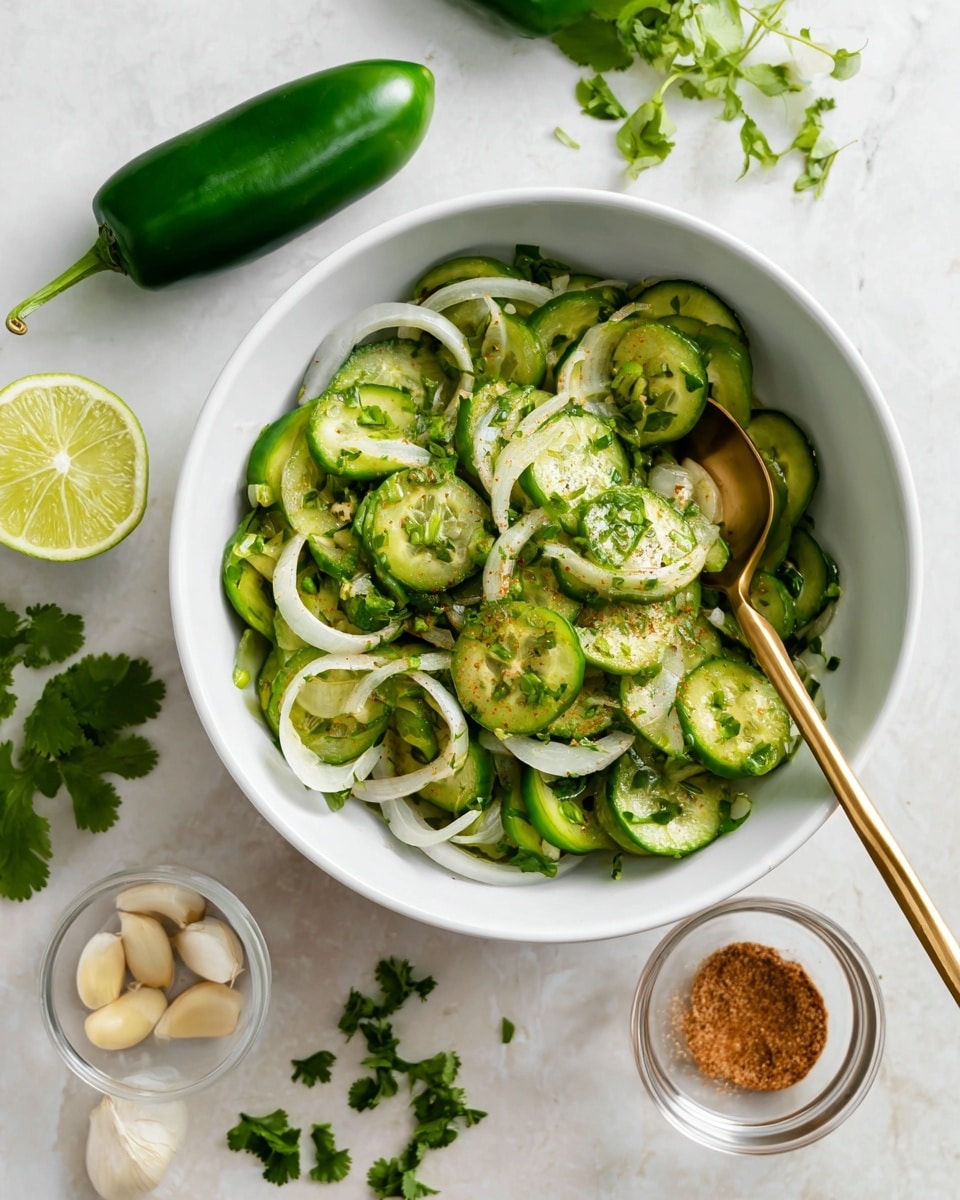 A white bowl filled with a salad made of several layers of sliced green cucumbers, thinly sliced white onions, and chopped green herbs, all mixed together with a light dressing giving a slightly shiny texture. A gold spoon is partially inside the bowl touching the salad. Around the bowl on a white marbled surface are two green jalapeño peppers, a halved lime with a pale green color, a small clear bowl with peeled garlic cloves, a small clear bowl of brown spice powder, and some fresh green cilantro leaves spread out. Photo taken with an iphone --ar 4:5 --v 7