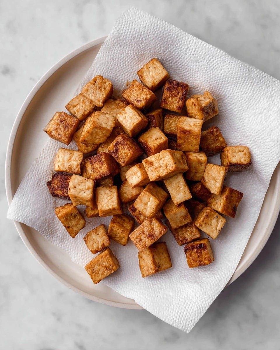 A white plate with a rim holds a white paper towel that covers most of the plate. On the paper towel, there is a pile of small, browned tofu cubes, each piece showing a golden crispy texture on the outside. The tofu cubes vary slightly in size but are mostly about the same small, bite-sized pieces. The plate rests on a white marbled surface. Photo taken with an iphone --ar 4:5 --v 7