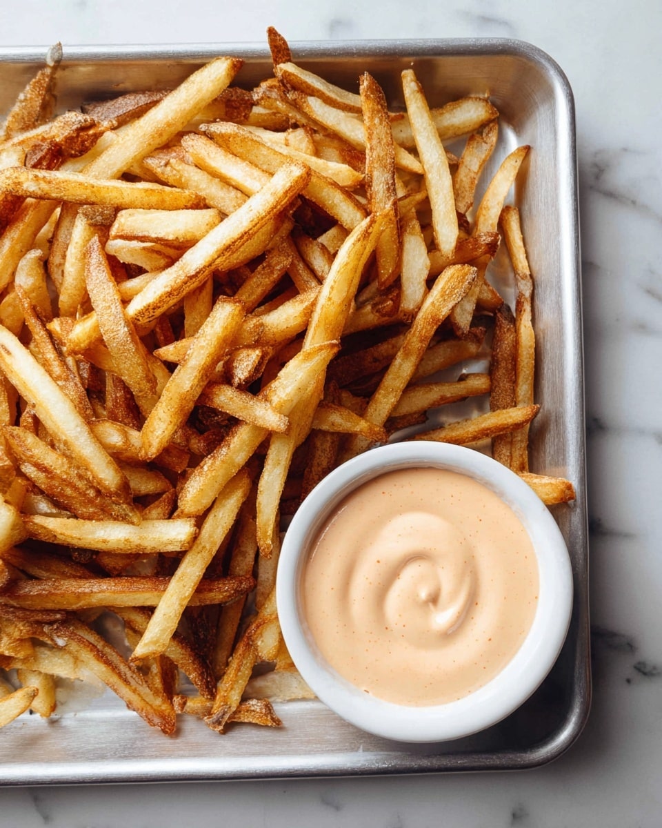 A metal tray filled with a large pile of golden-brown French fries, some with darker crispy edges. On the bottom right corner of the tray is a white bowl filled with creamy, light orange dipping sauce, its smooth texture showing a few swirls on the surface. The tray rests on a white marbled surface. photo taken with an iphone --ar 4:5 --v 7