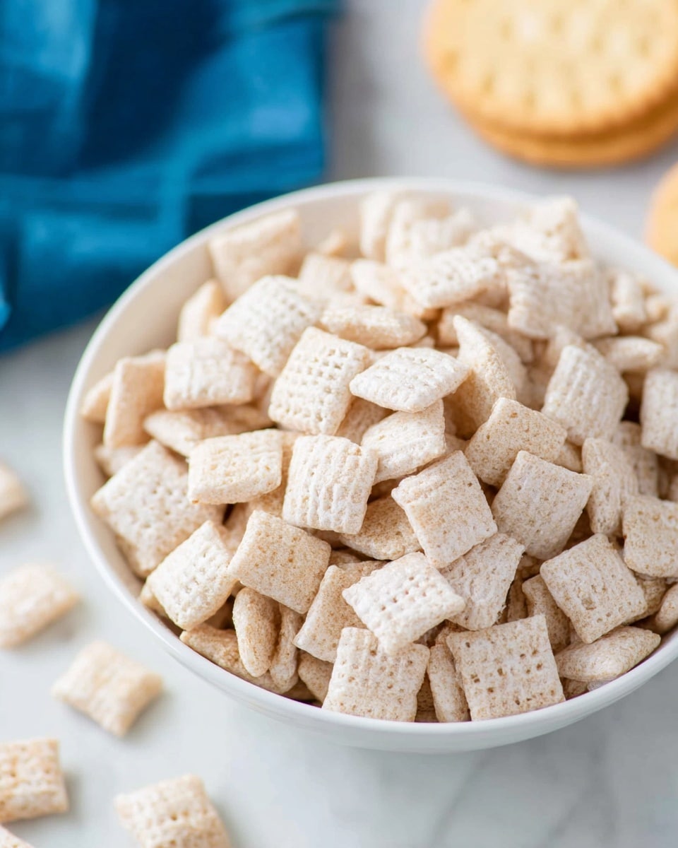 A close-up image of a white bowl filled with light beige, square-shaped cereal pieces that have small holes on their surface and a slightly puffed texture. The cereal pieces are piled high, nearly filling the bowl, and some pieces are spread around the bowl on a white marbled surface. In the background, there is a soft focus on a blue cloth and two round, light beige cookies. The overall scene is bright and softly lit, emphasizing the texture and color of the cereal photo taken with an iphone --ar 4:5 --v 7