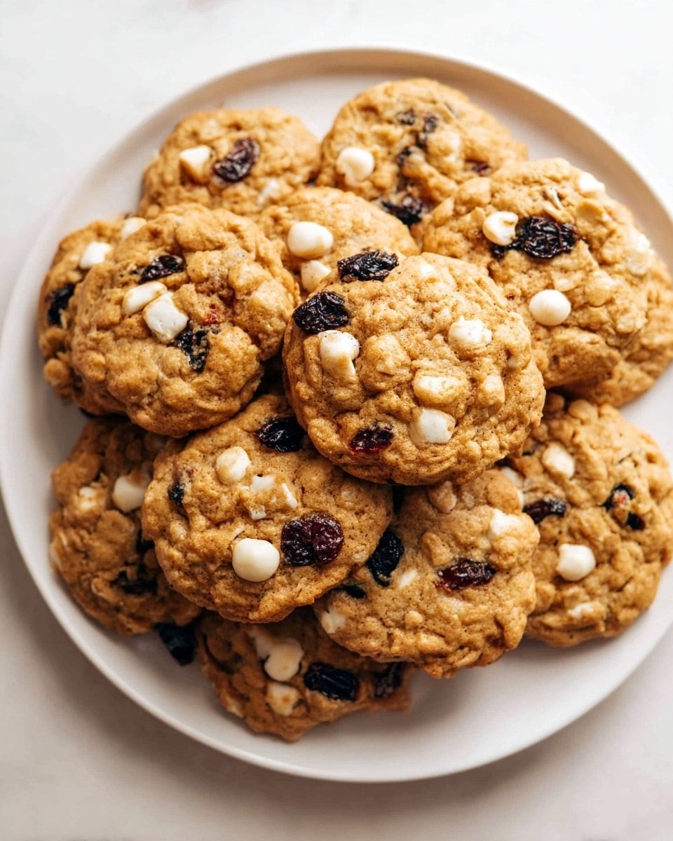 A white plate filled with a slightly messy pile of round oatmeal cookies in two main layers; the top layer shows cookies with a rough texture in light golden brown, dotted with dark dried berries and small white chip pieces, while the lower layer has more cookies of the same kind partially visible underneath. The cookies have a soft, uneven surface with small cracks and a mix of chewy and crunchy textures, all placed on a white marbled surface. photo taken with an iphone --ar 4:5 --v 7