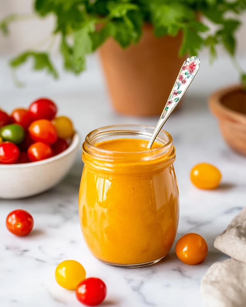 A small glass jar filled with a thick, smooth, bright orange sauce sits in the center, with a silver spoon with a floral pattern sticking out from the jar. Around the jar are scattered colorful cherry tomatoes in red, orange, and yellow, with a white bowl filled with more cherry tomatoes on the left side. In the blurred background, a terracotta pot with fresh green leaves rests on a white marbled surface. The overall look is fresh and vibrant with soft natural light. photo taken with an iphone --ar 4:5 --v 7