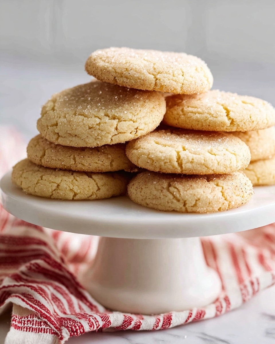 A white pedestal cake stand holds a stack of seven round, light golden brown cookies. The cookies have a cracked, slightly rough texture with some sparkling sugar granules visible on top. The stand is placed on a white marbled surface with a red and white striped cloth underneath it. The cookies appear soft yet slightly crisp on the edges, arranged in a slightly uneven pile showing their texture and thickness. photo taken with an iphone --ar 4:5 --v 7