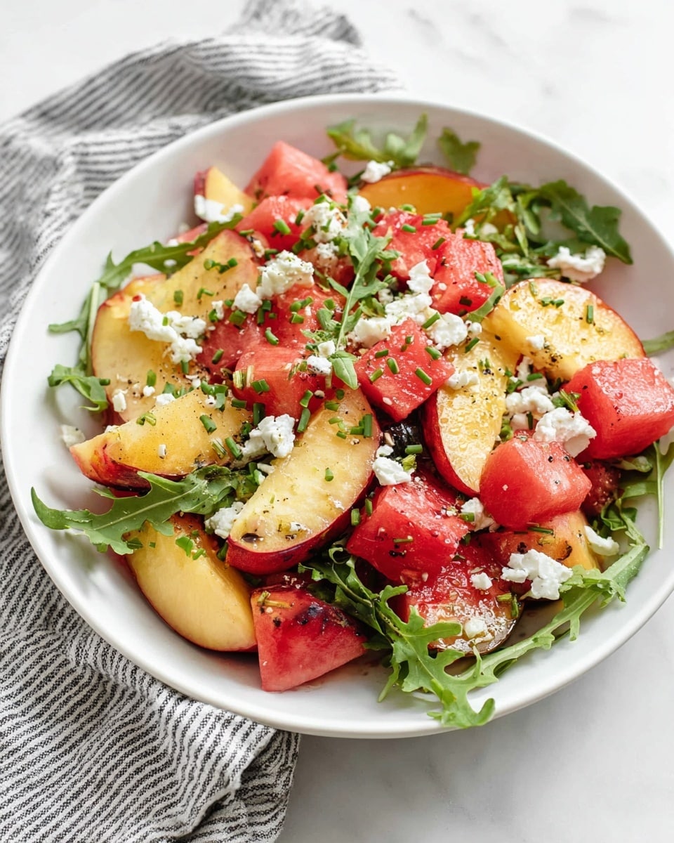 A white bowl holds a fresh salad on a white marbled surface, with a gray and white striped cloth nearby. The salad has three main layers: bright red watermelon cubes, golden peach slices with a slightly caramelized look, and fresh green arugula leaves scattered evenly. White crumbled cheese is sprinkled on top, adding small white spots across the salad. Finely chopped green chives add small specks of color over the fruit and greens. The mix looks juicy and fresh, with the peach slices standing out with their orange-yellow gradient photo taken with an iphone --ar 4:5 --v 7