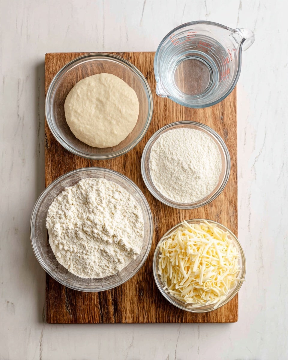 The image shows five clear glass bowls arranged on a rectangular wooden board, set on a white marbled surface. The largest bowl at the bottom left is filled with white flour with a rough texture. To its right, a smaller bowl contains a fine, white powdery substance. Above the flour bowl, a medium-sized bowl holds a smooth, pale beige batter. To the right of the batter, a large bowl is filled with shredded pale yellow cheese with a soft texture. At the top right, a glass measuring cup is filled with clear water. photo taken with an iphone --ar 4:5 --v 7